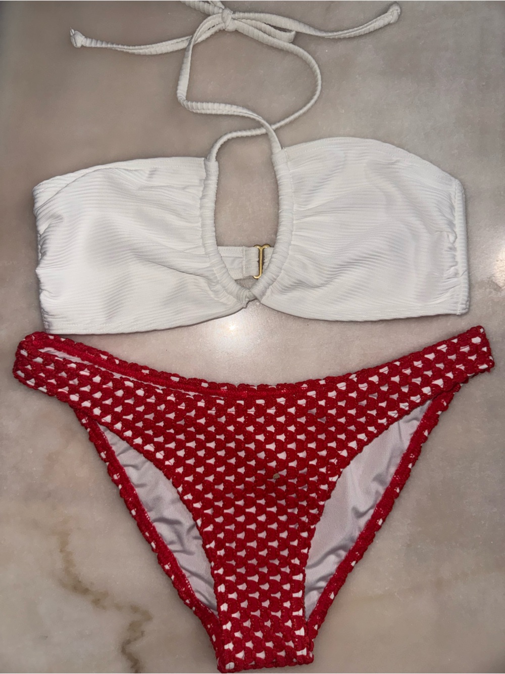 Billabong White Bandeau Top with Red Crocheted Bikini Bottoms